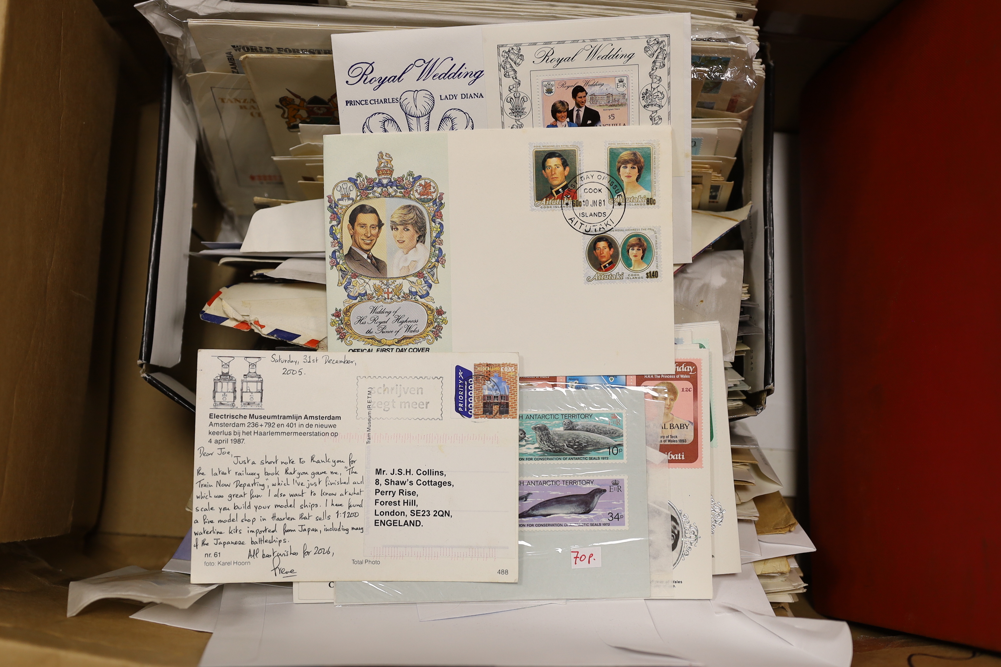 A George VI Crown album, Ireland stamps in album, folders album leaves Finland, Russia, loose BFD covers, postal covers, New Zealand